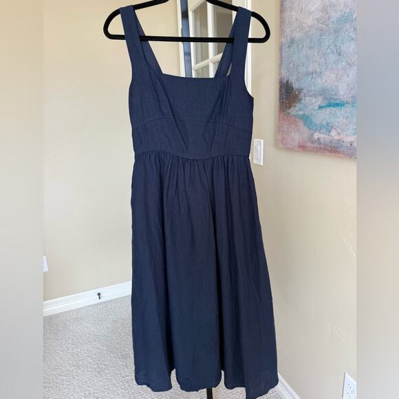 Quince 100% European Linen Fit & Flare Midi Dress Deep Navy Womens Small NWT New - Picture 2 of 10